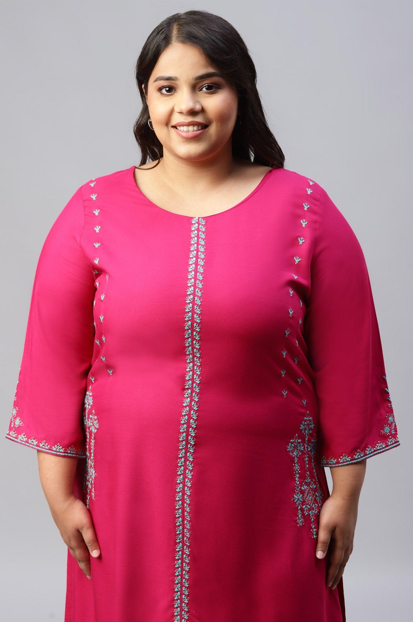 Plus Size Dark Pink Embroidered A-Line kurta - wforwoman