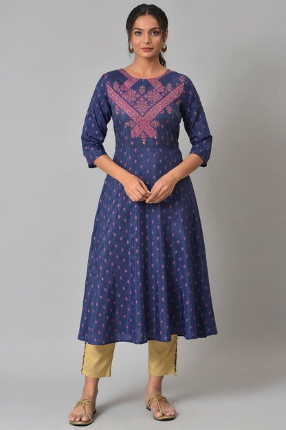 Navy Blue Circular kurta With Seqiuns - wforwoman