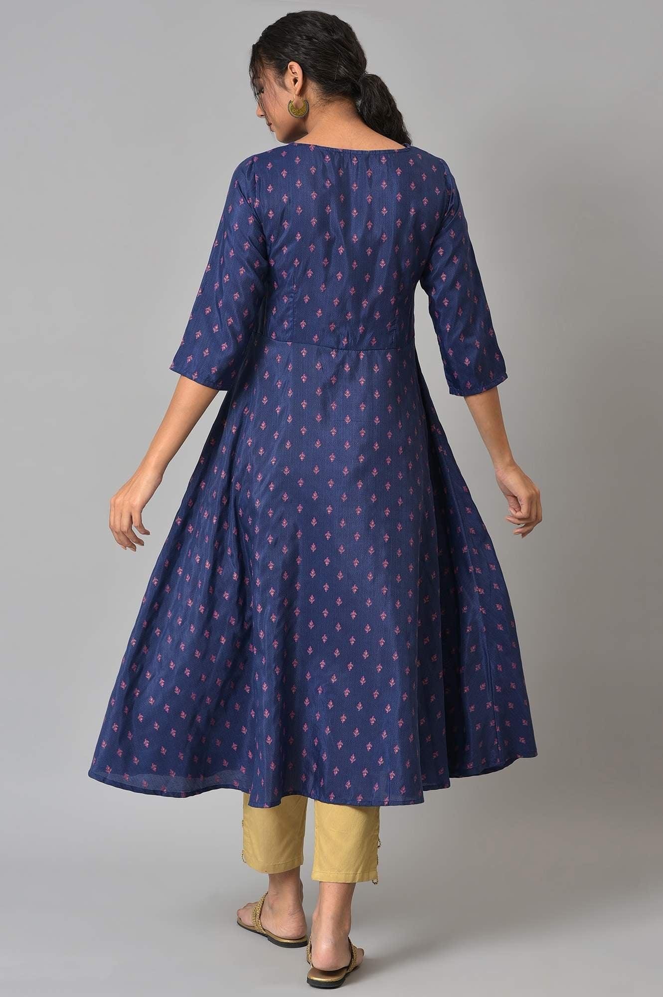 Navy Blue Circular kurta With Seqiuns - wforwoman
