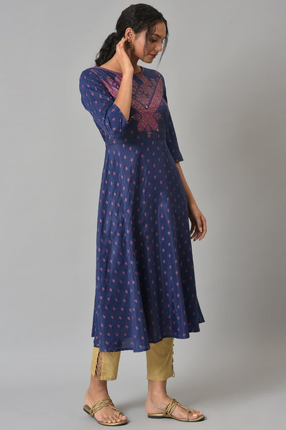 Navy Blue Circular kurta With Seqiuns - wforwoman