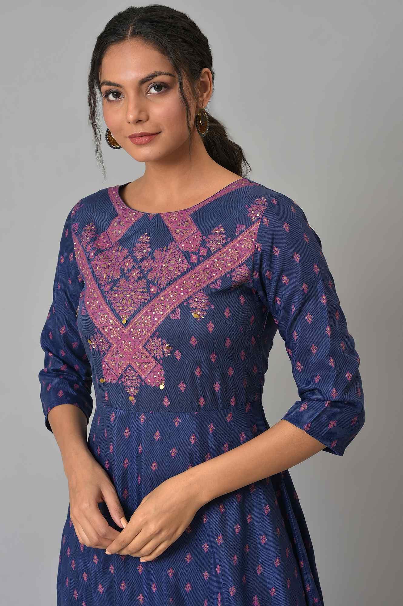 Navy Blue Circular kurta With Seqiuns - wforwoman