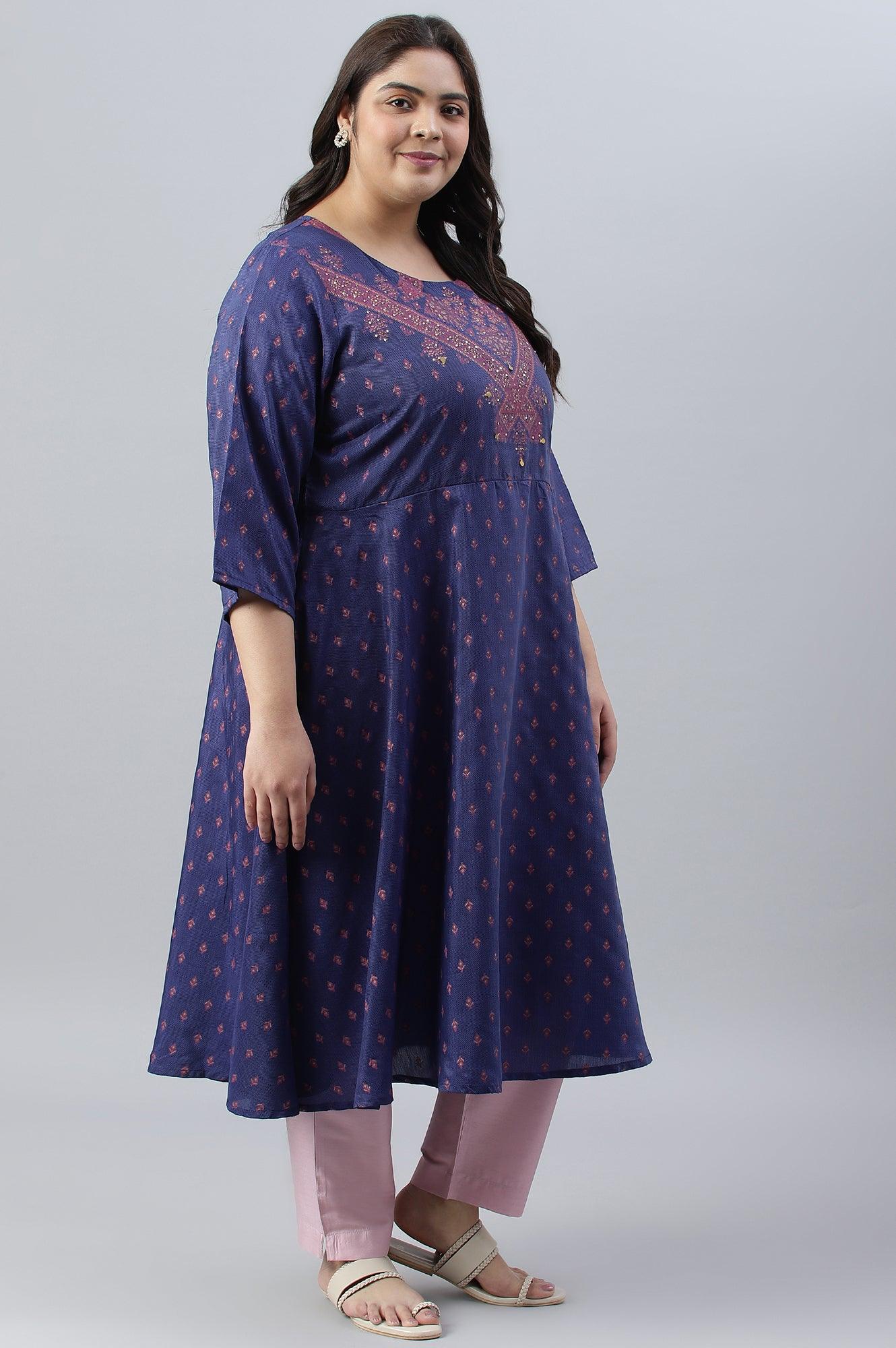 Plus Size Navy Blue Circular kurta With Seqiuns - wforwoman