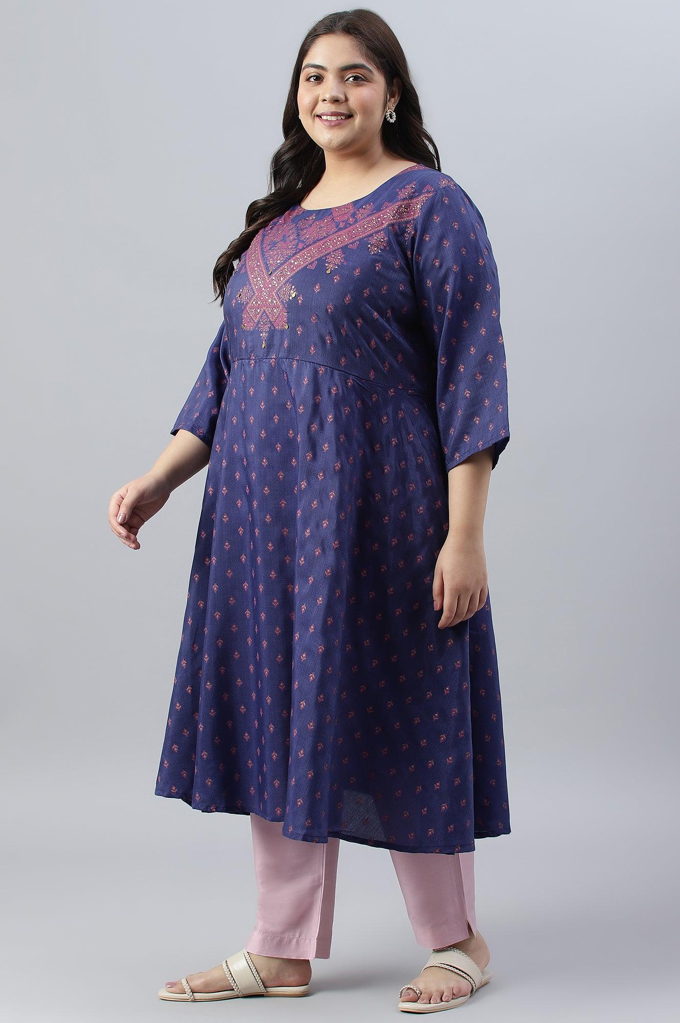 Plus Size Navy Blue Circular kurta With Seqiuns - wforwoman