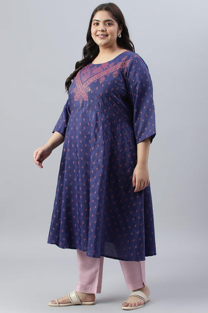Plus Size Navy Blue Circular kurta With Seqiuns - wforwoman