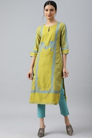 Green Placement Print Embellished kurta With Blue Cotton Slim Pants - 6