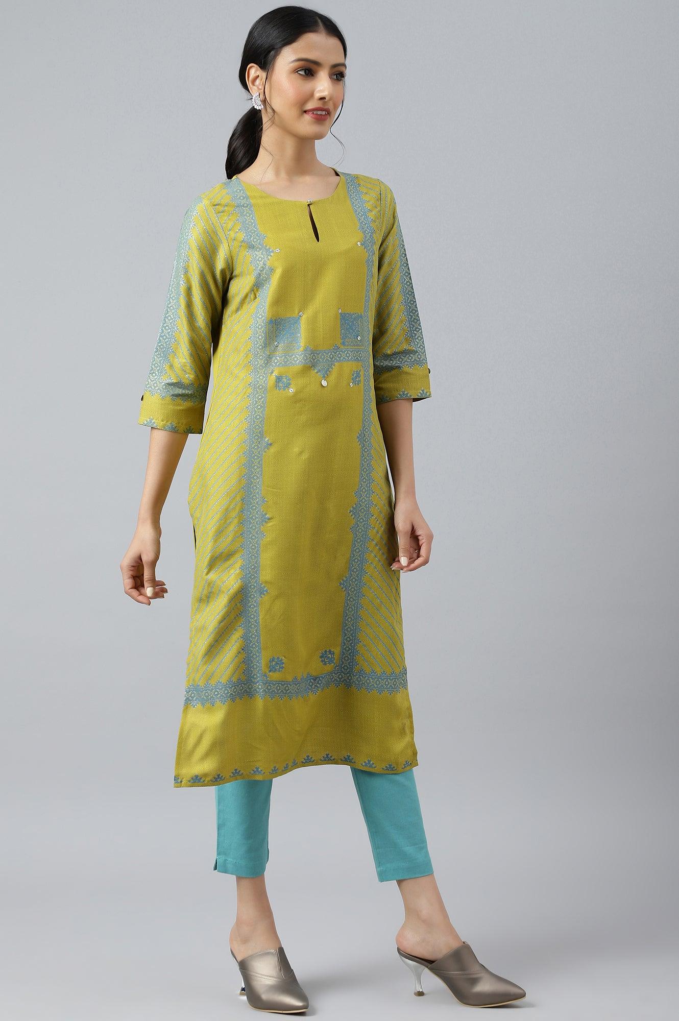 Green Placement Print Embellished kurta - wforwoman