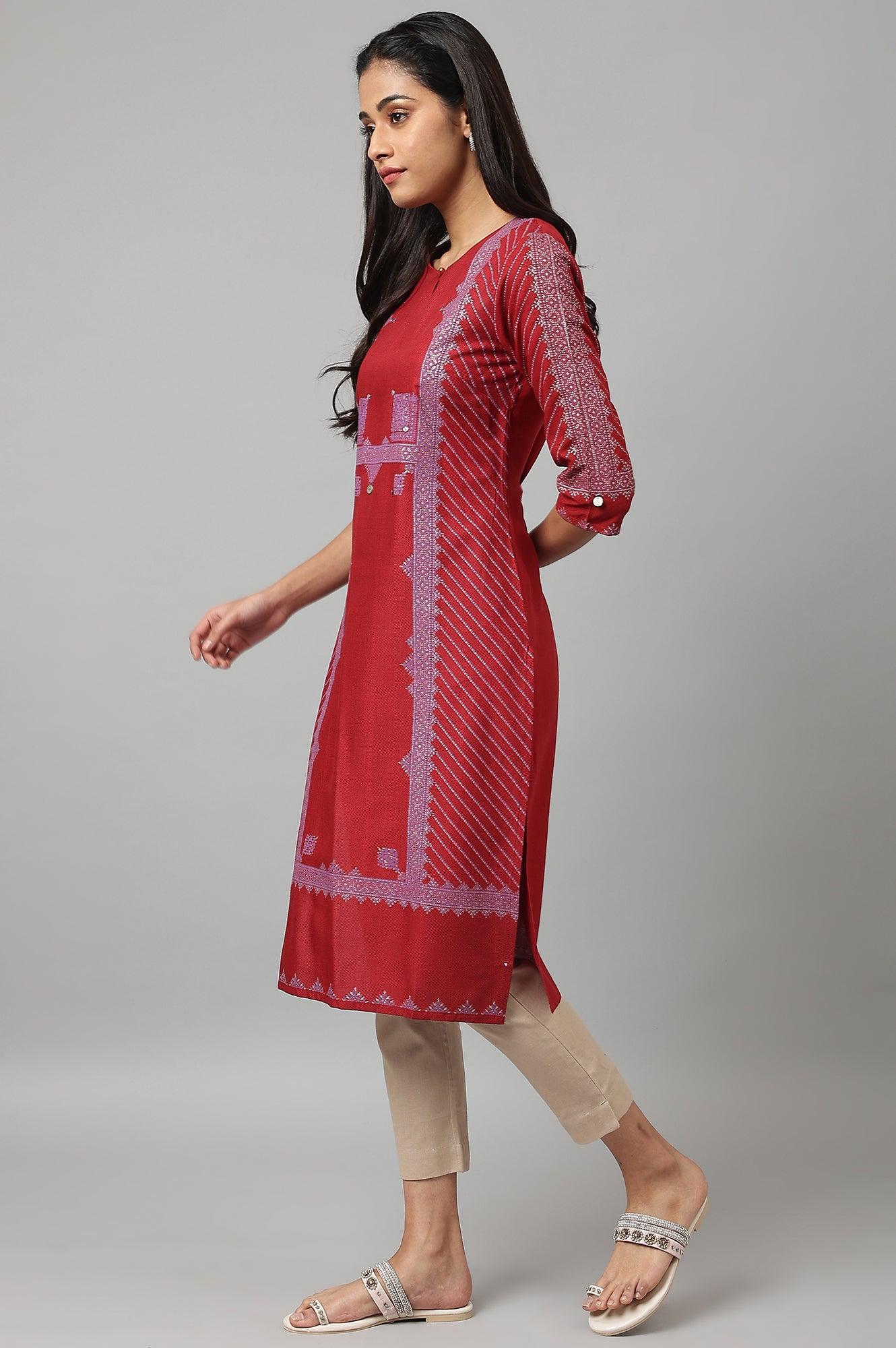 Red Placement Print Embellished kurta - wforwoman