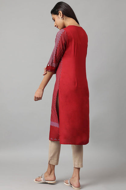 Red Placement Print Embellished kurta - wforwoman