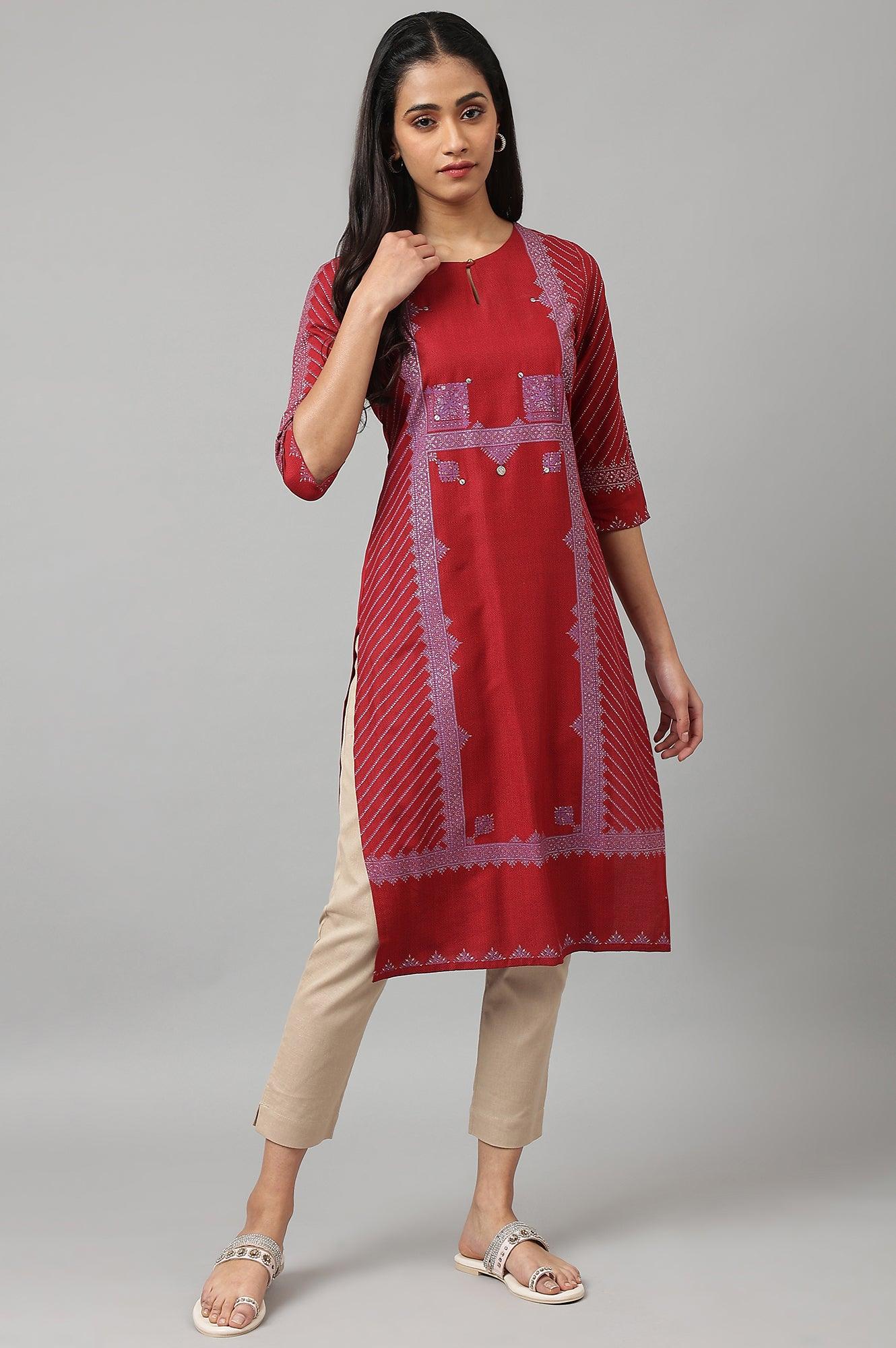 Red Placement Print Embellished kurta - wforwoman