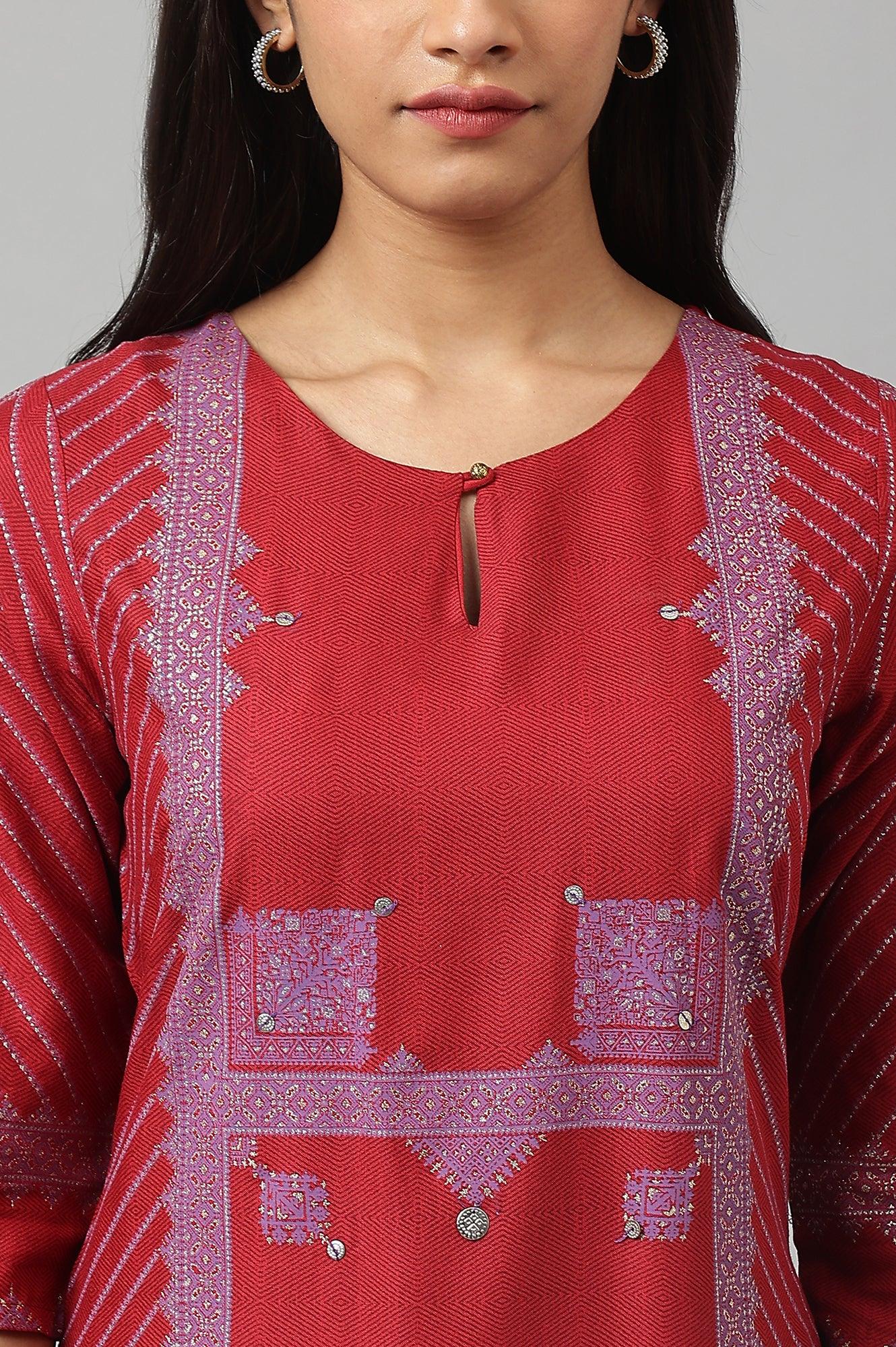 Red Placement Print Embellished kurta - wforwoman