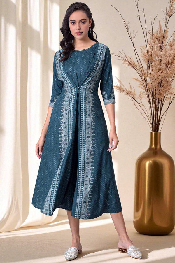 Liva Eco Teal Printed Flared Mock Layered Kimono Jumpsuit