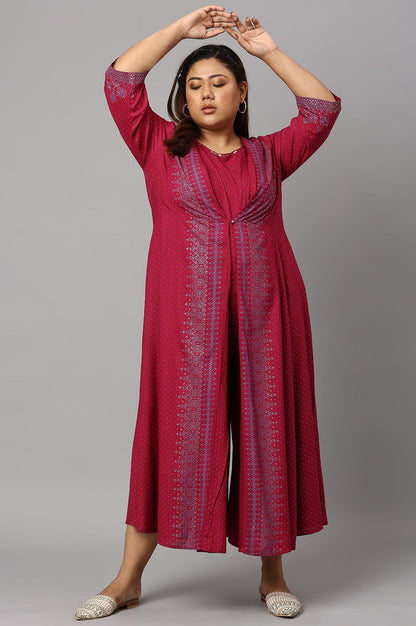 Plus Size Dark Pink Mock Layer Embellished Liva Eco Kimono Jumpsuit - wforwoman