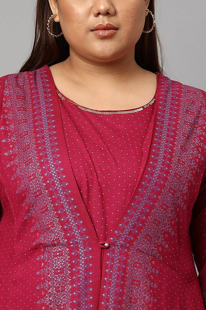 Plus Size Dark Pink Mock Layer Embellished Liva Eco Kimono Jumpsuit - wforwoman