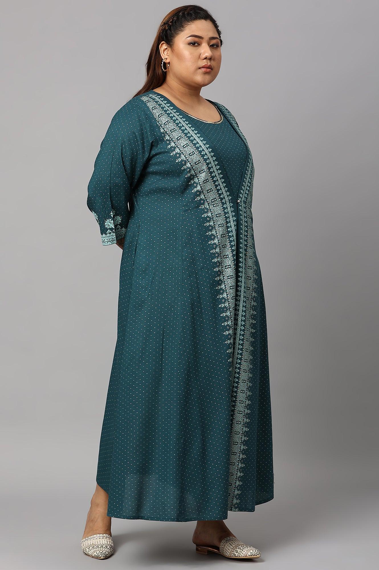 Buy Plus Size Teal Mock Layered Liva Eco Kimono Jumpsuit @ 4599