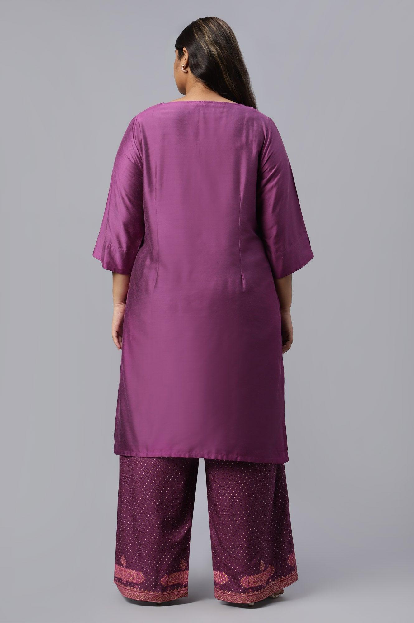 Plus Size Purple Embroidered Straight kurta - wforwoman
