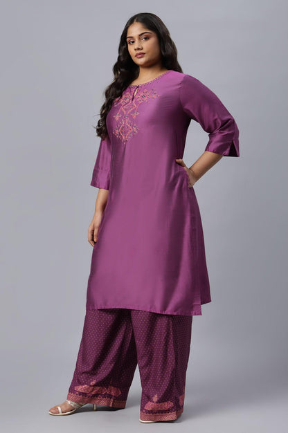 Plus Size Purple Embroidered Straight kurta - wforwoman