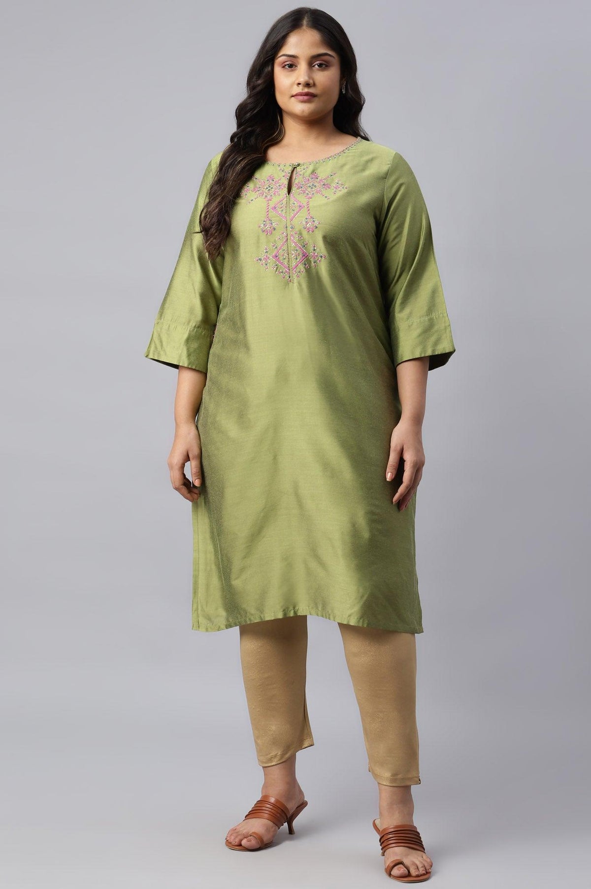 Plus Size Olive Embroidered Straight kurta - 20