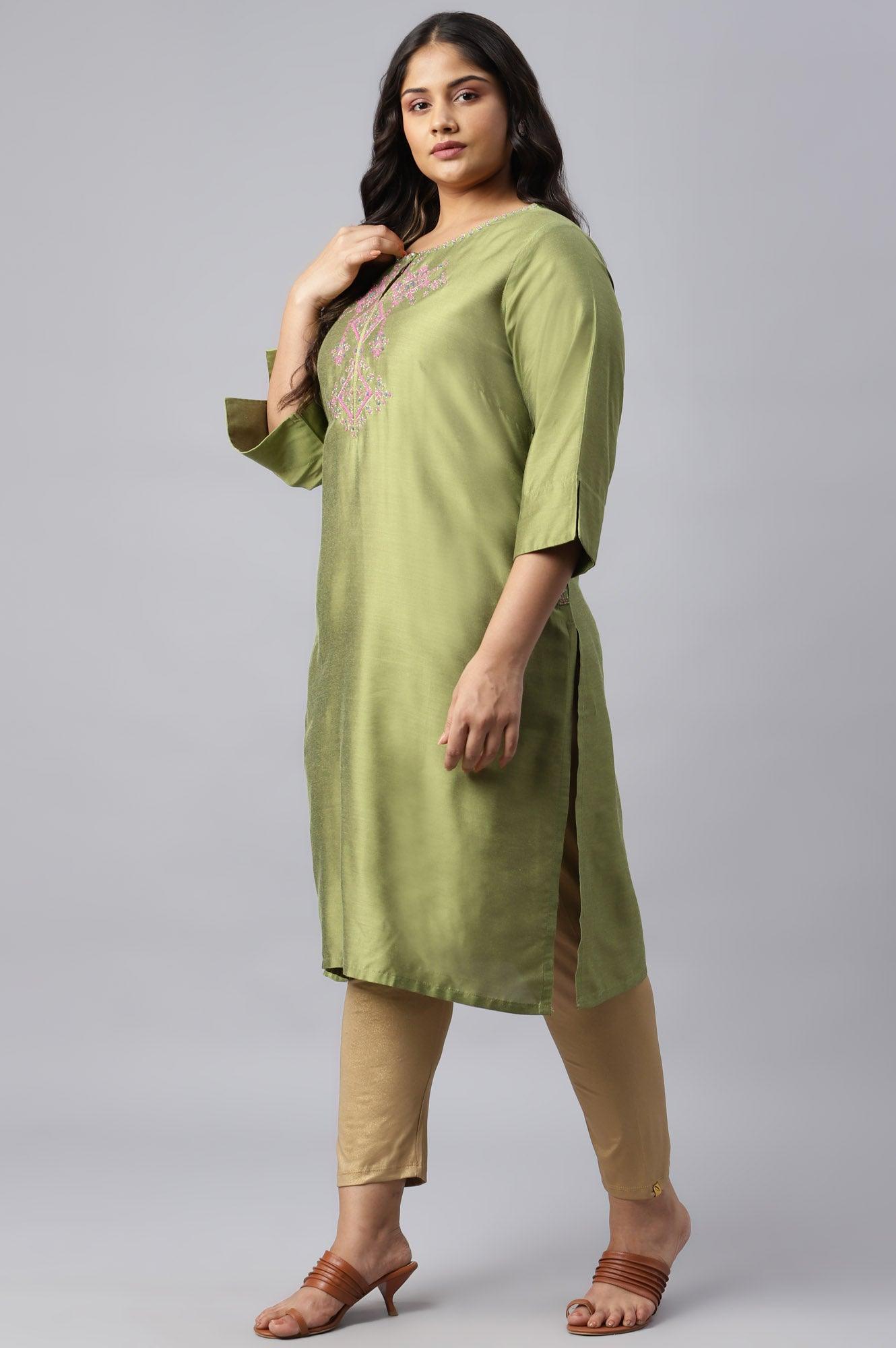 Plus Size Olive Embroidered Straight kurta - wforwoman