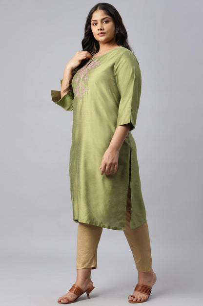 Plus Size Olive Embroidered Straight kurta - wforwoman