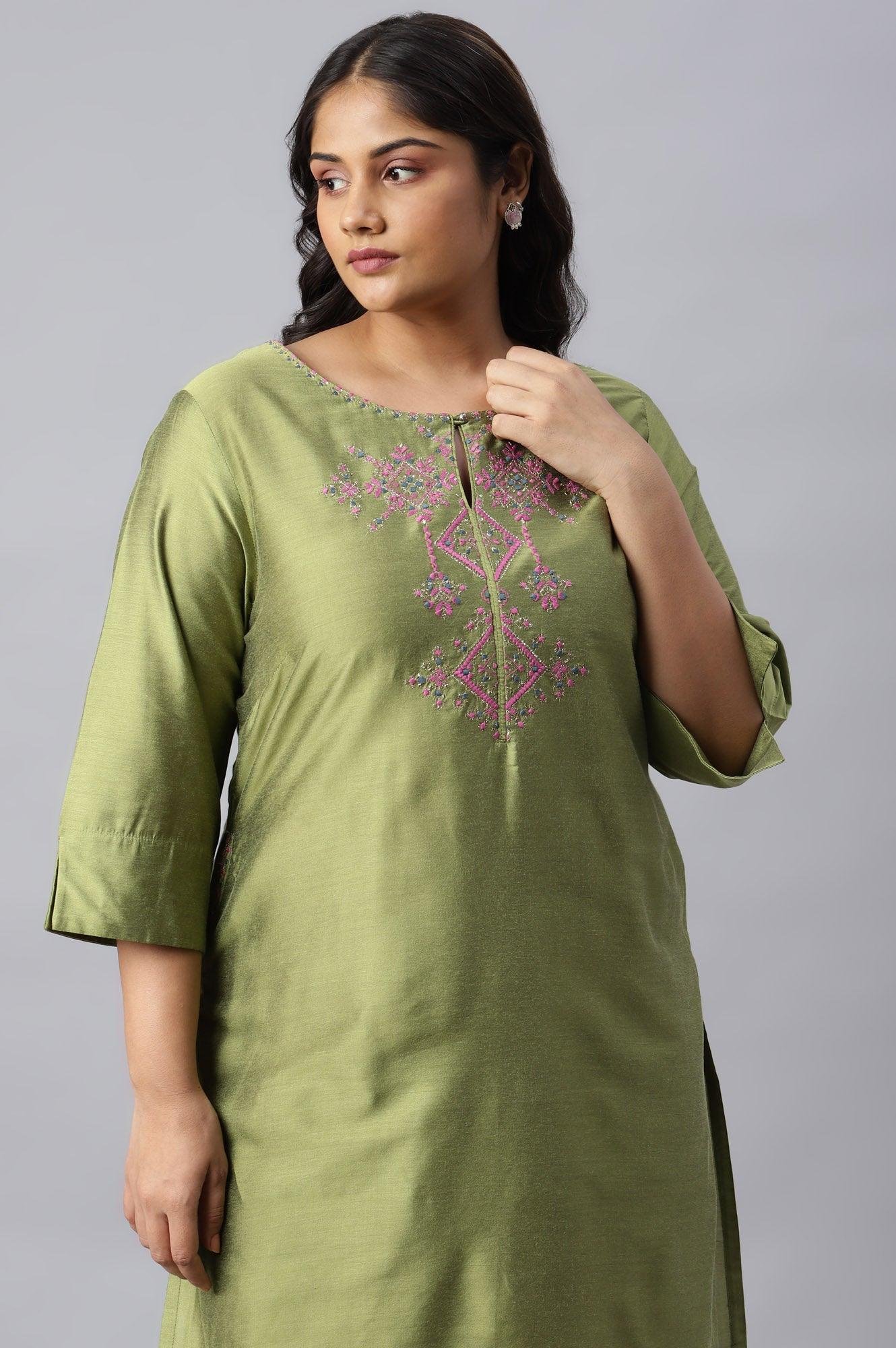Plus Size Olive Embroidered Straight kurta - wforwoman