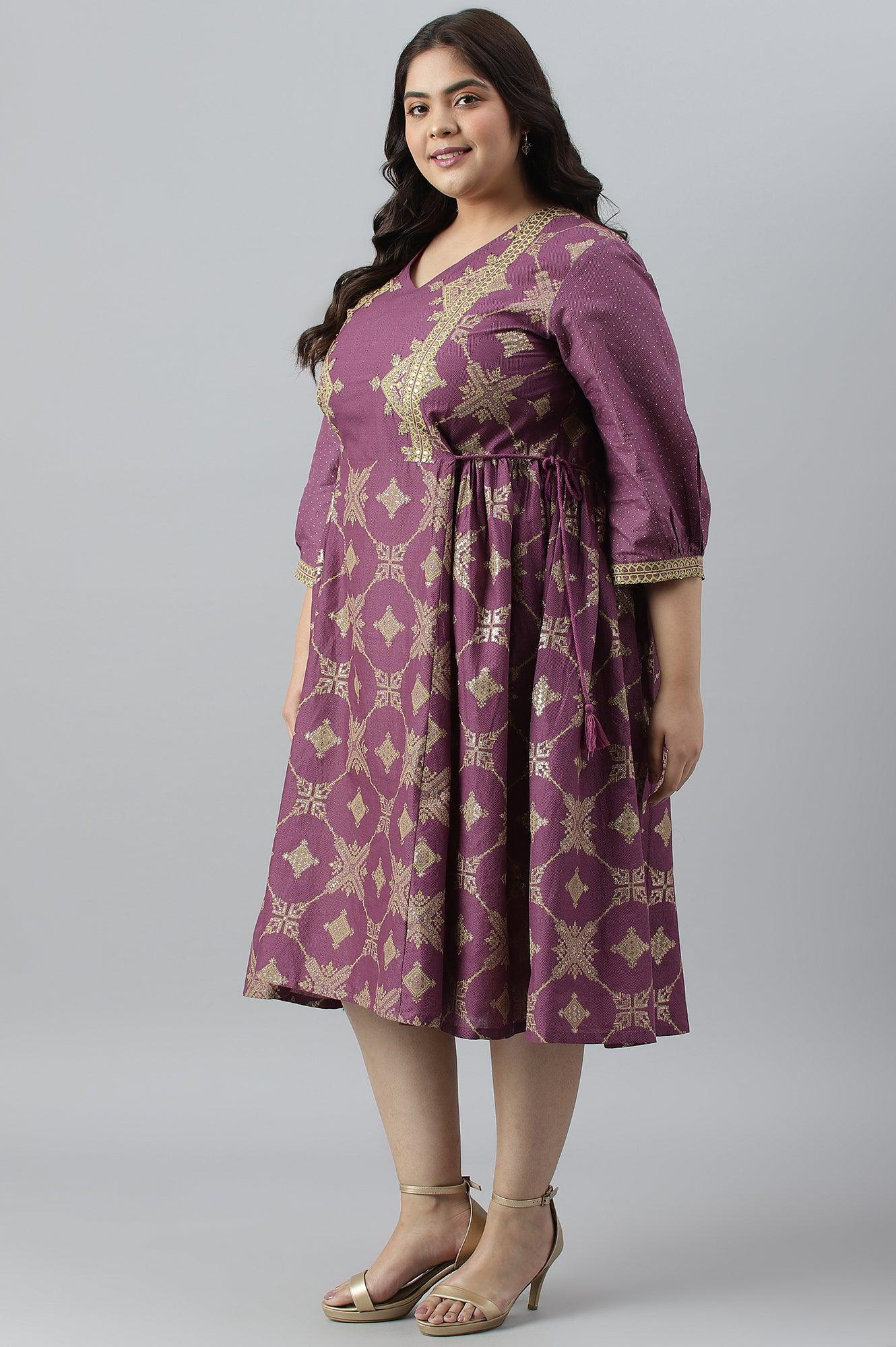 Plus Size Purple Festive Gathered Dress With Sequin - wforwoman