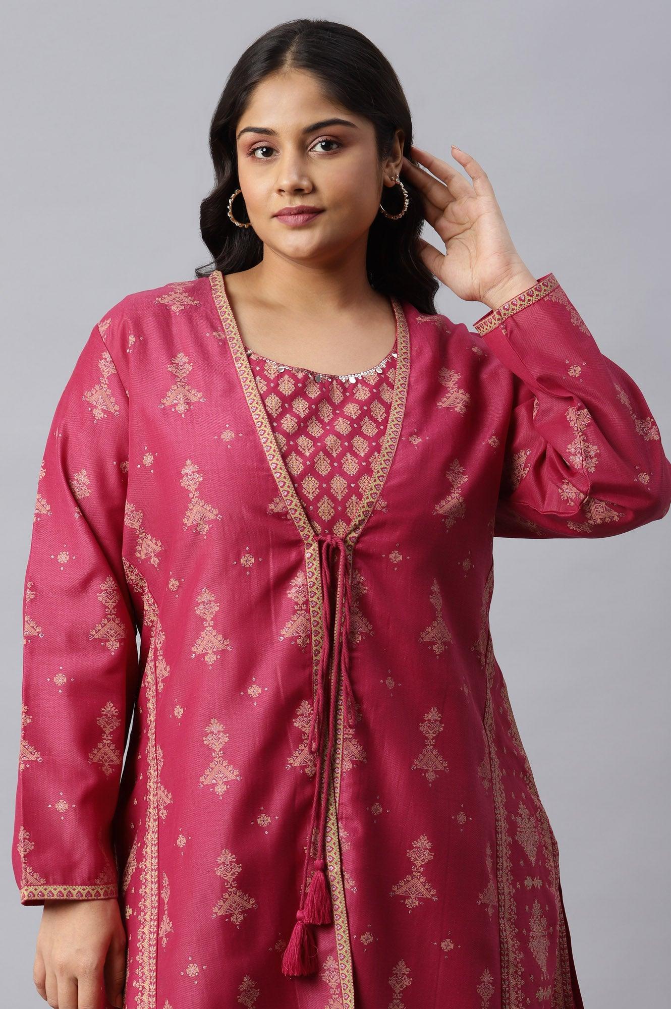Dark Pink Plus Size Glitter Dress With Short Jacket - wforwoman