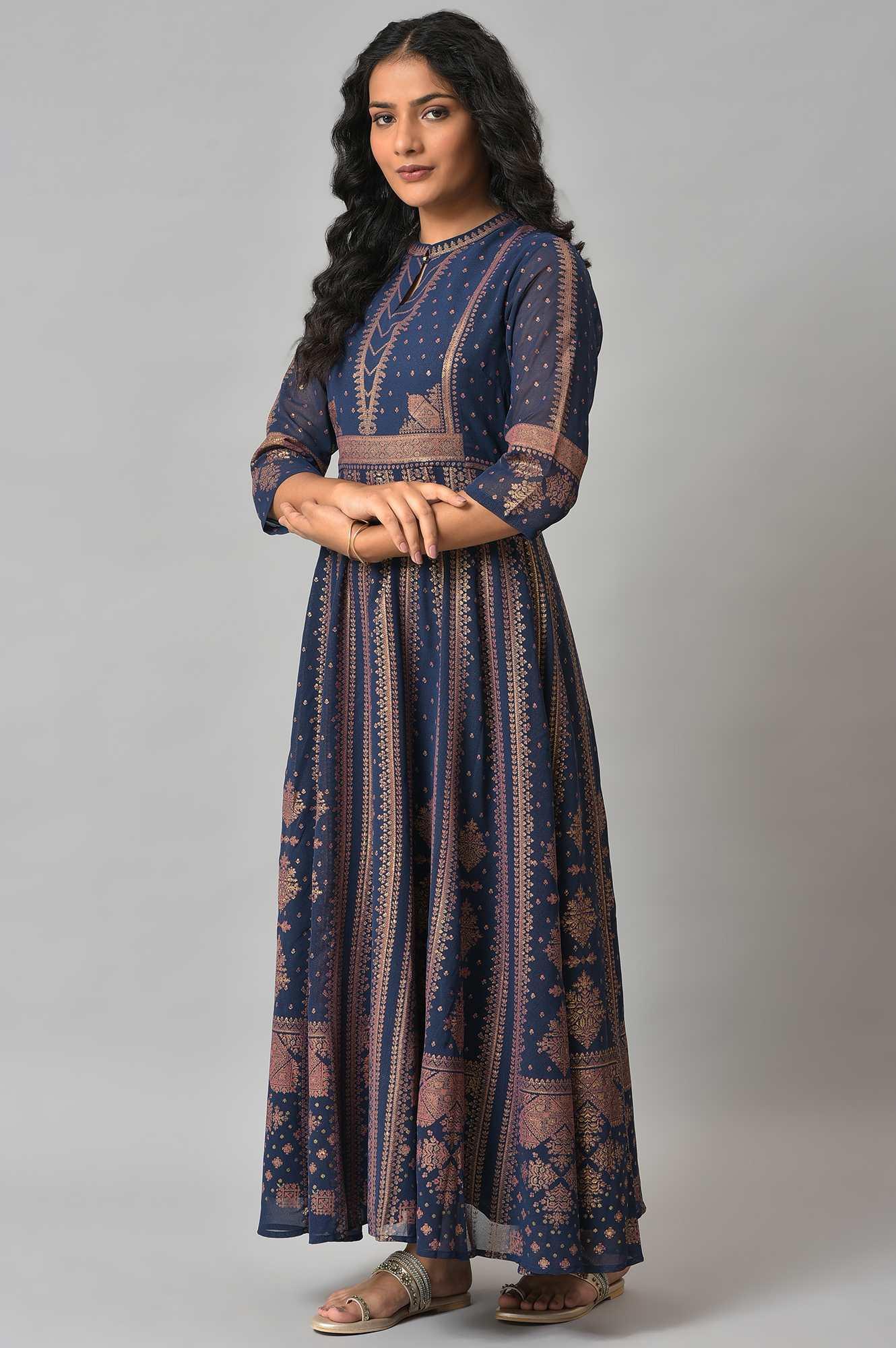 Dark Blue Gold Foil Printed Georgette Dress - wforwoman