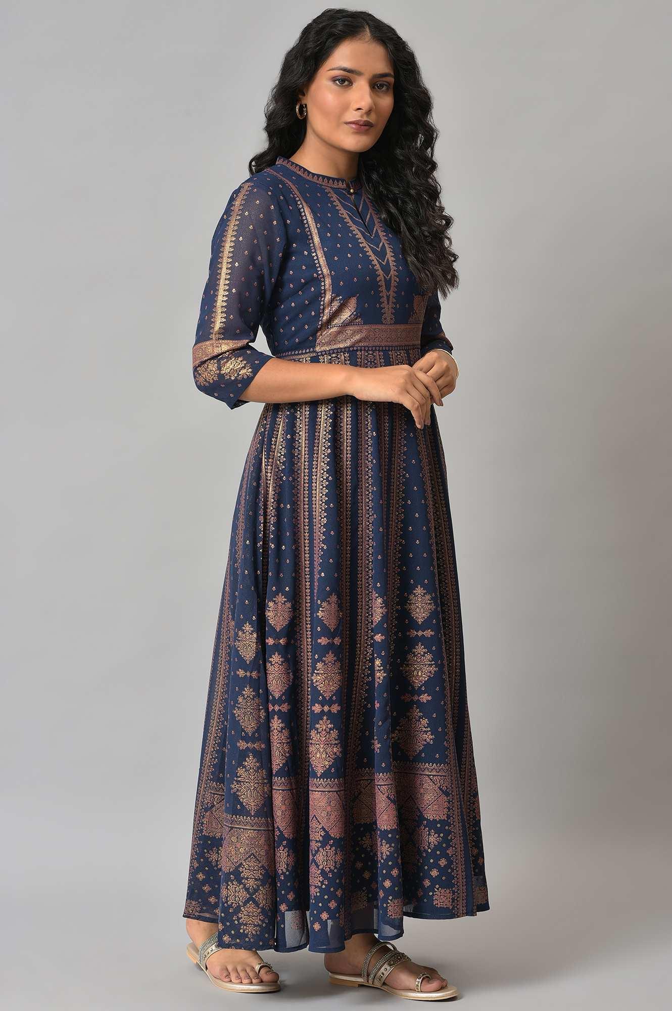 Dark Blue Gold Foil Printed Georgette Dress - wforwoman