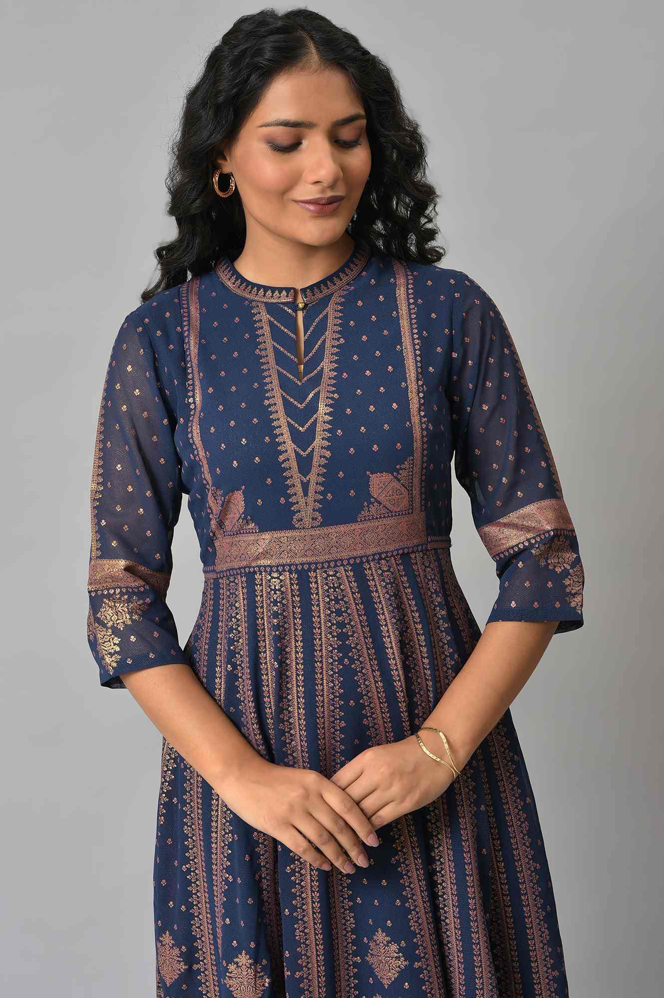 Dark Blue Gold Foil Printed Georgette Dress - wforwoman