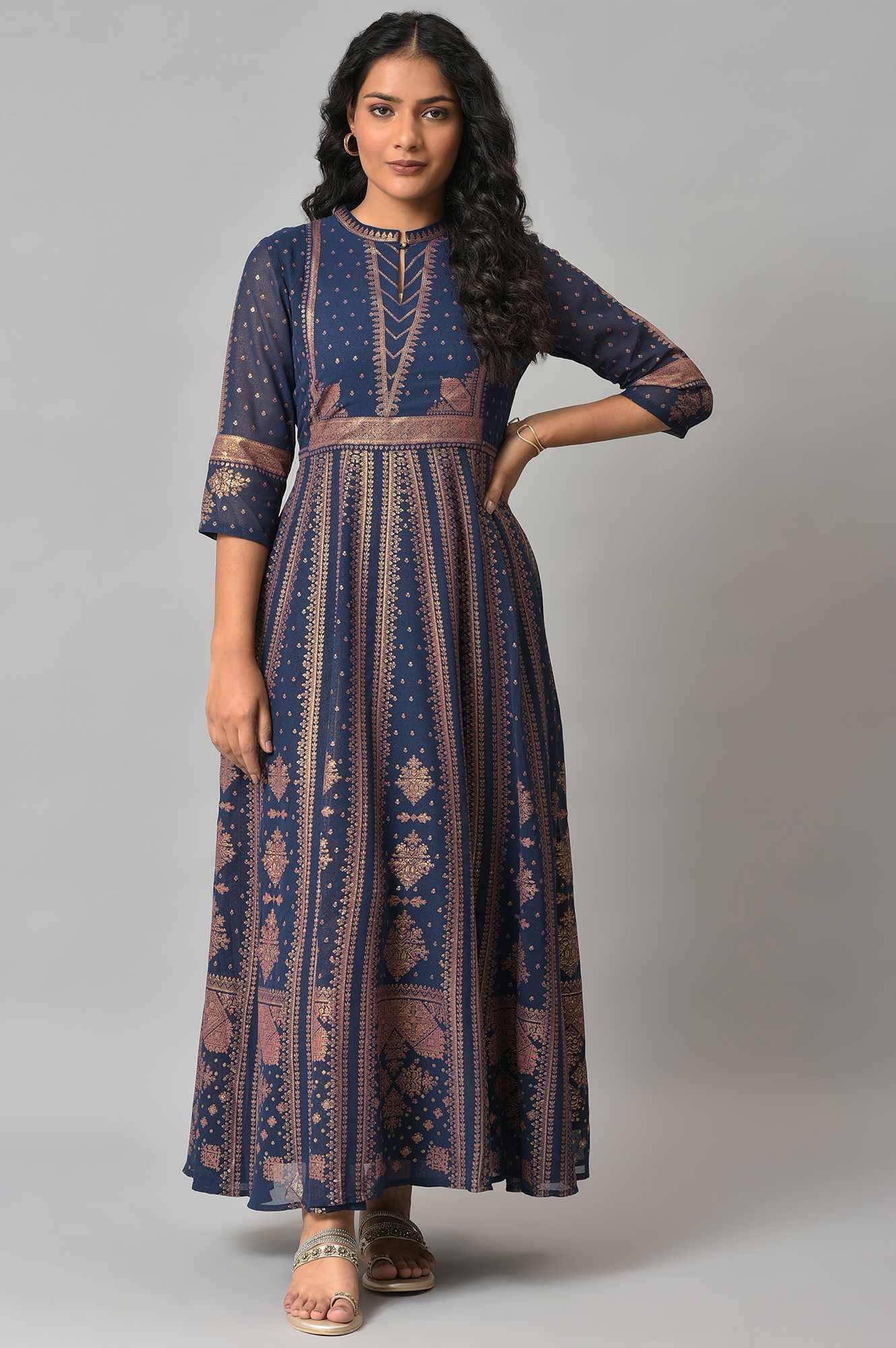 Dark Blue Gold Foil Printed Georgette Dress - wforwoman