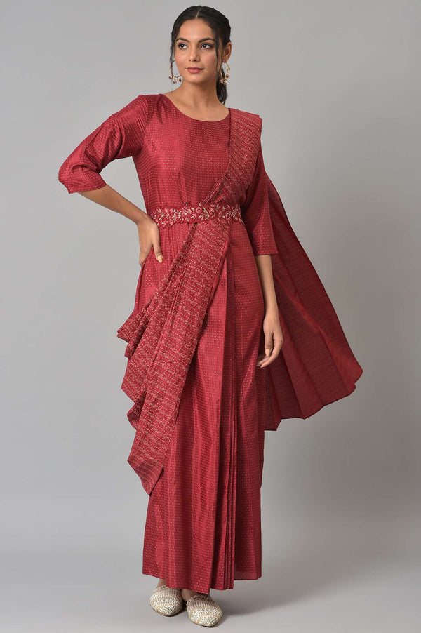 Maroon Festive Maxi Saree Dress with Embroidered Belt