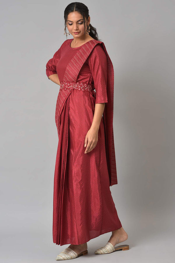 Maroon Festive Maxi Saree Dress with Embroidered Belt