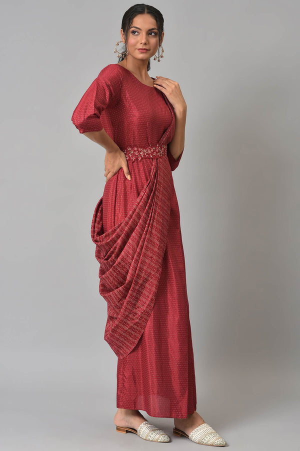 Maroon Festive Maxi Saree Dress with Embroidered Belt