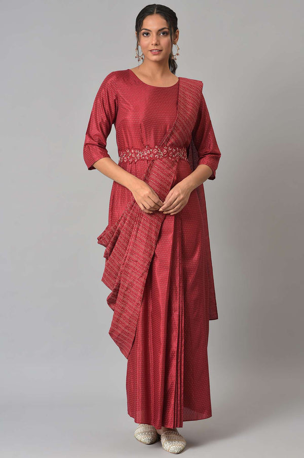 Maroon Festive Maxi Saree Dress with Embroidered Belt