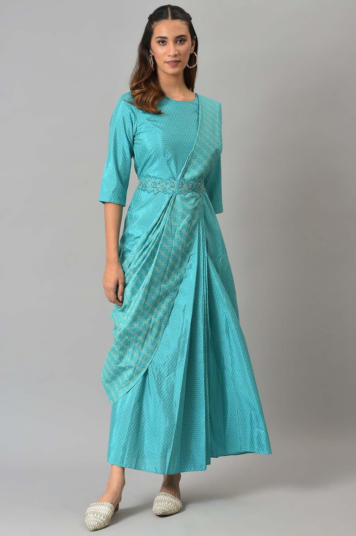 Teal Insta Saree Dress with Embroidered Belt - XS