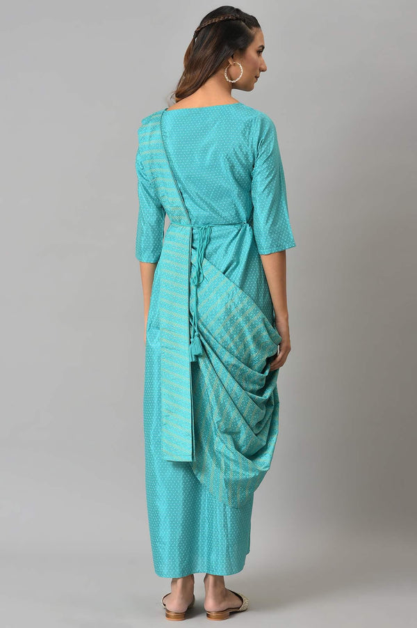 Teal Insta Saree Dress with Embroidered Belt