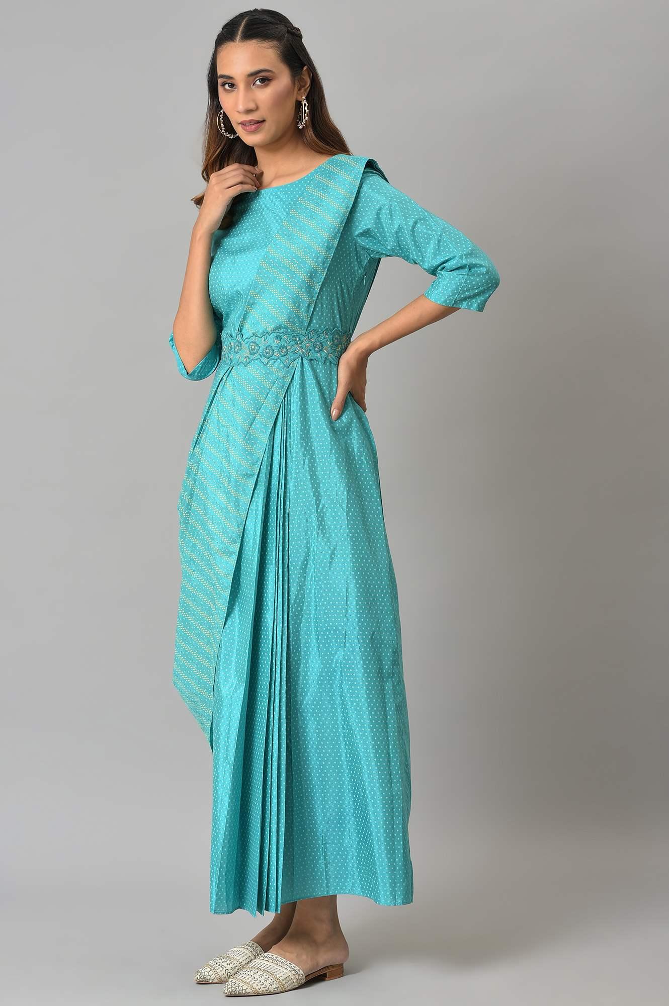 Buy Teal Insta Saree Dress with Embroidered Belt Online for Woman | WforWoman Buy Teal Insta Saree Dress with Embroidered Belt Online for Woman | WforWoman