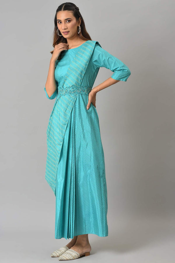 Teal Insta Saree Dress with Embroidered Belt