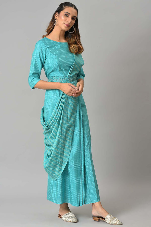 Teal Insta Saree Dress with Embroidered Belt