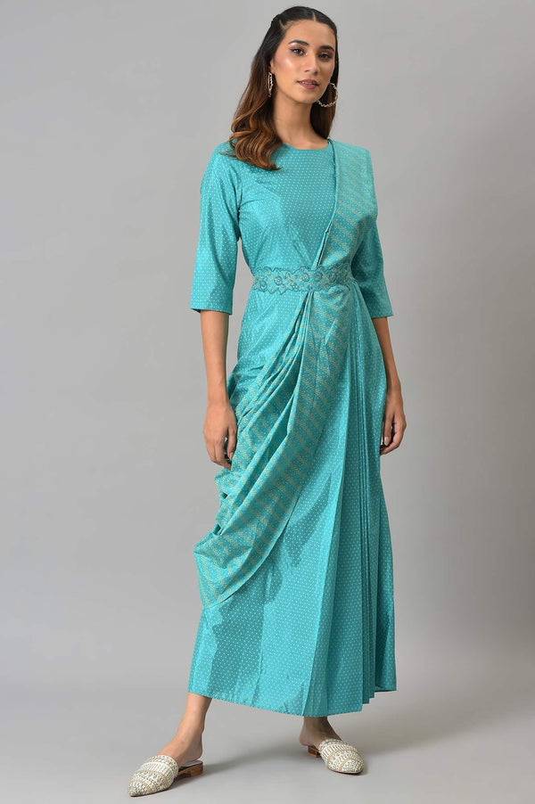 Teal Insta Saree Dress with Embroidered Belt