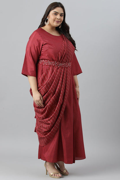 Plus Size Maroon Insta Saree Dress With Embroidered Belt - wforwoman