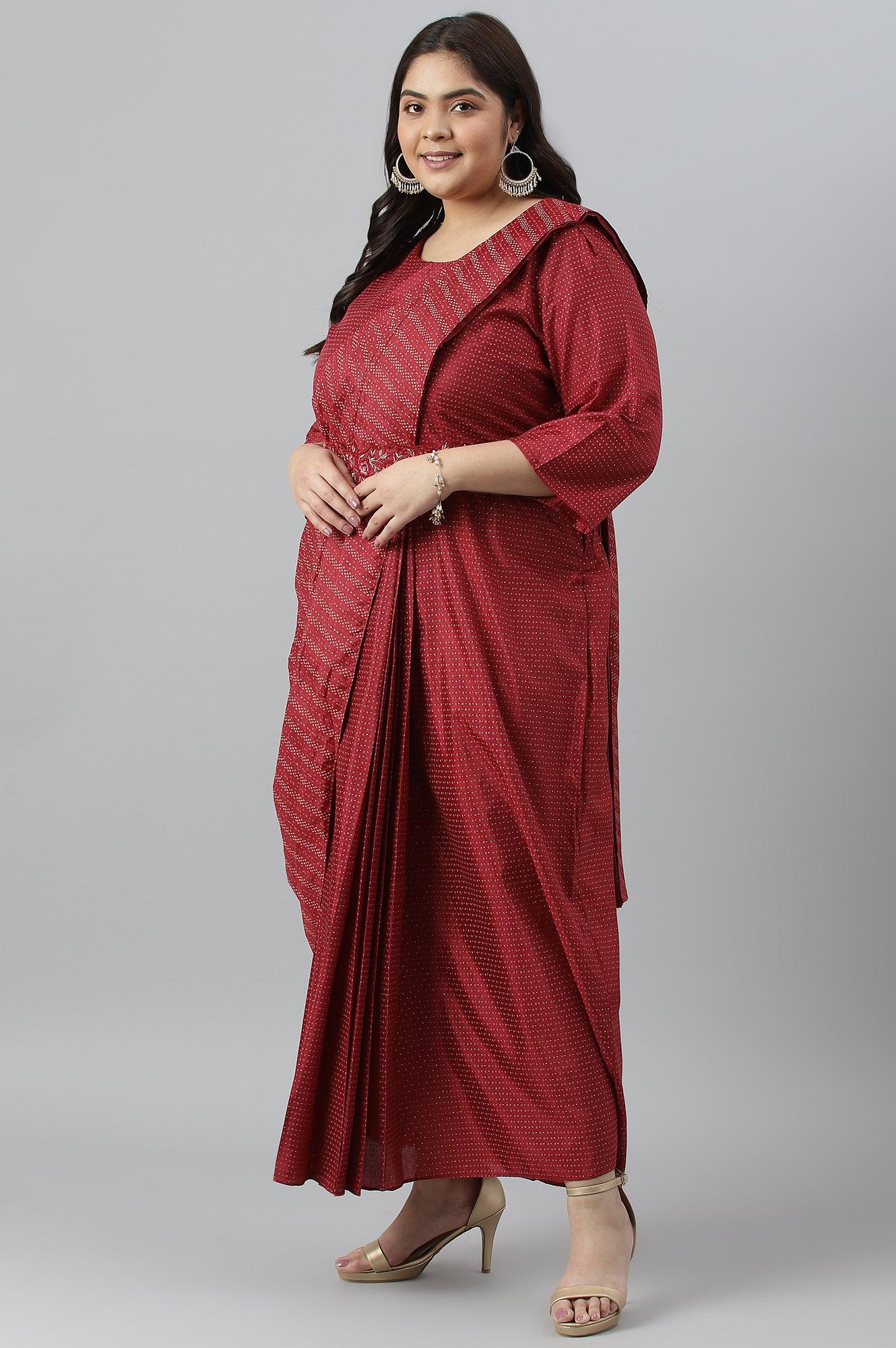 Plus Size Maroon Insta Saree Dress With Embroidered Belt - wforwoman
