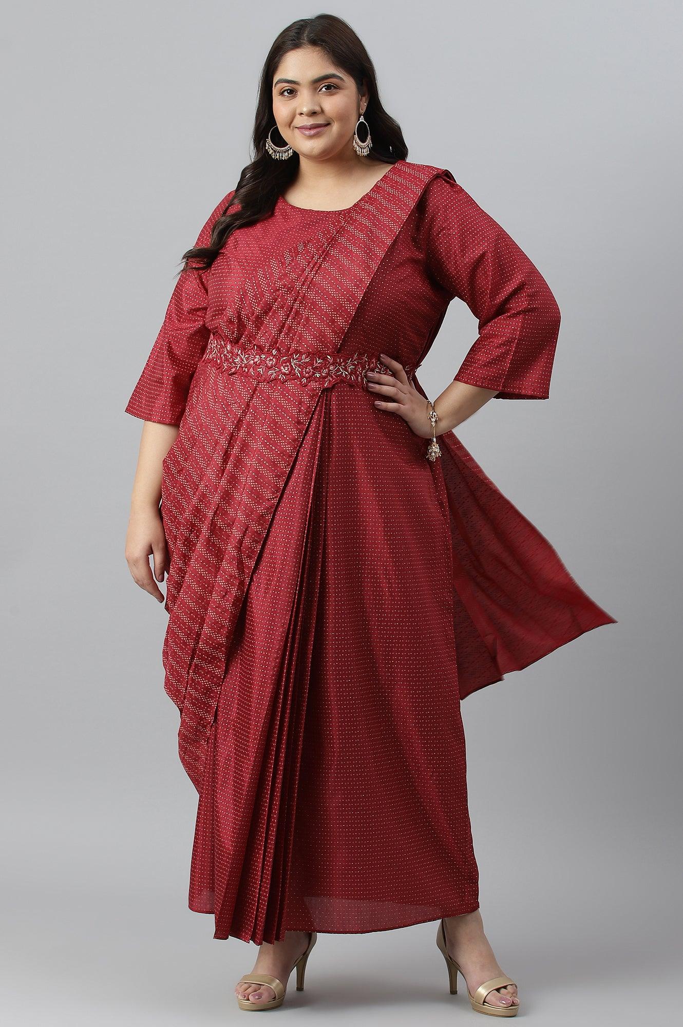 Plus Size Maroon Insta Saree Dress With Embroidered Belt - wforwoman