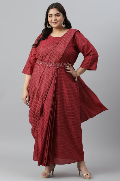 Plus Size Maroon Insta Saree Dress With Embroidered Belt - wforwoman