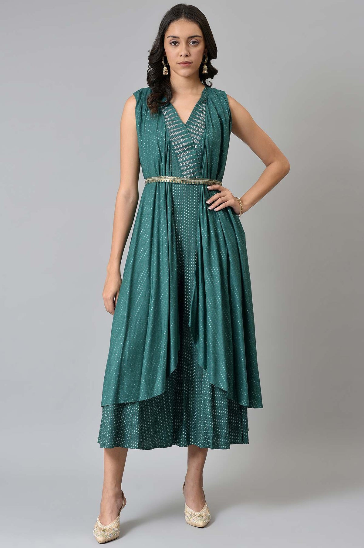 Green Gillet Kimono Jumpsuit With Embellished Belt - XL