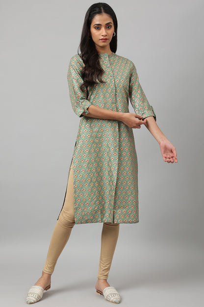 Green Glitter Printed Kurta in Mandarin Collar - wforwoman