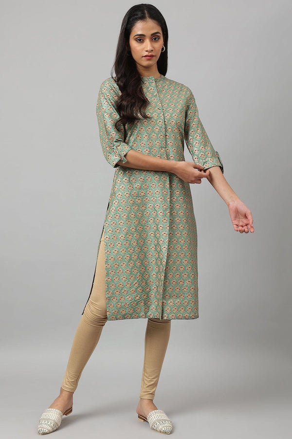 Green Glitter Printed kurta In Mandarin Collar