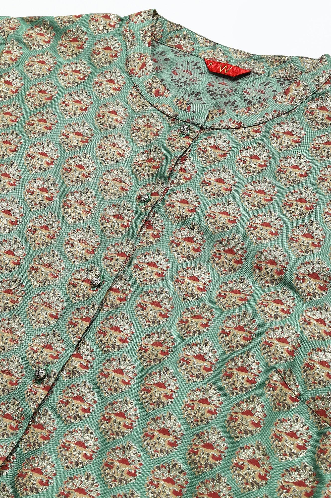 Green Glitter Printed kurta In Mandarin Collar - wforwoman