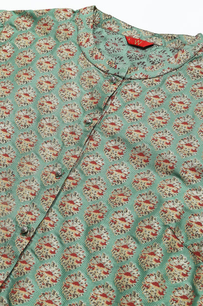 Green Glitter Printed kurta In Mandarin Collar - wforwoman