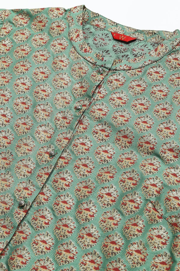 Green Glitter Printed kurta In Mandarin Collar